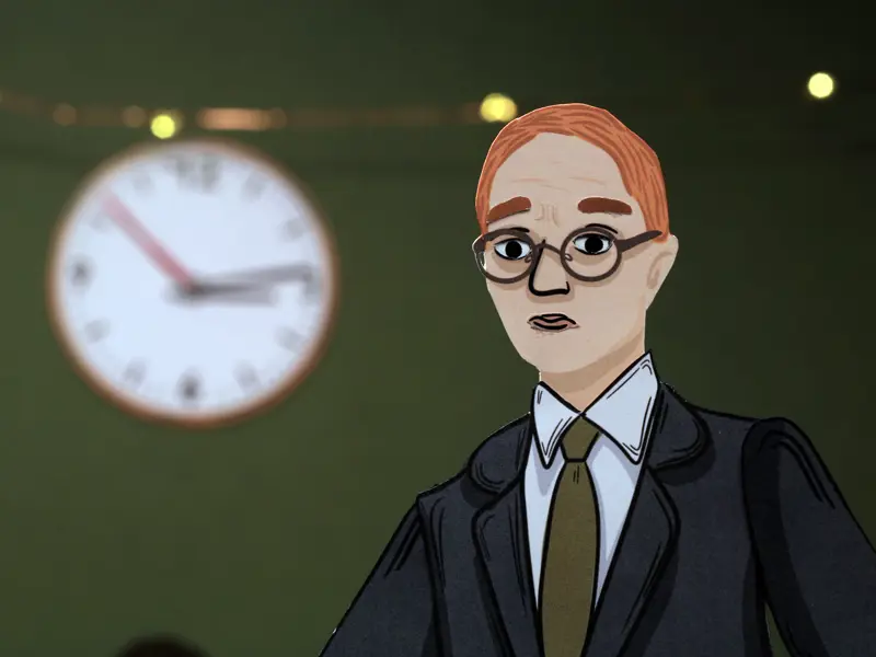 a close up of the lawyer and a clock in the background of a stop motion animation