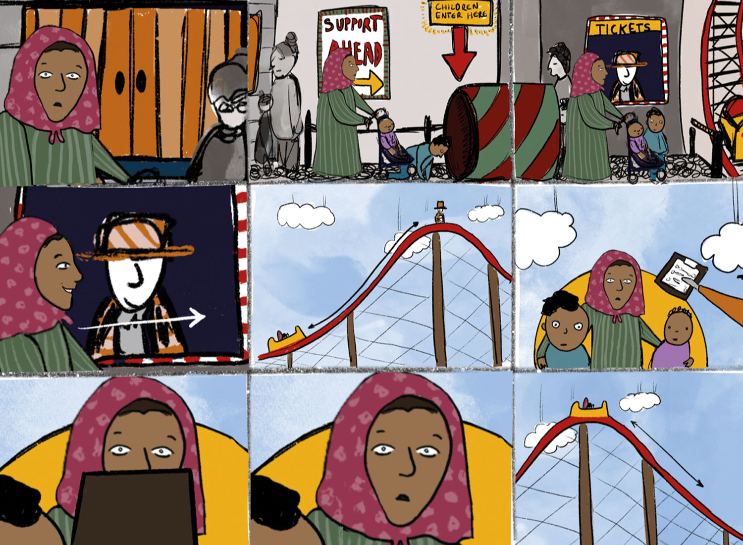 A storyboard illustration with nine sections. Showing a woman and her two children getting on a rollercoaster.