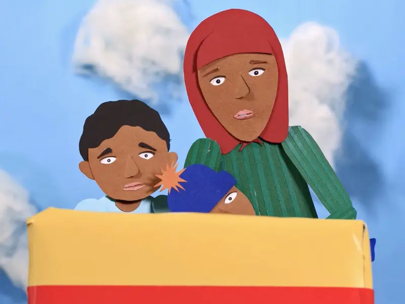 Papercrafted characters, a mum and her two children on a rollercoaster ride.