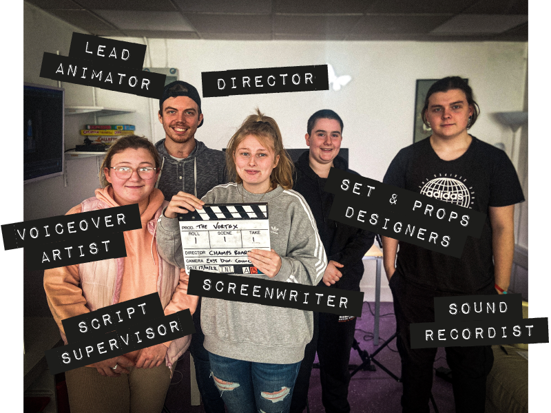 A group of six people, each has a label of their role in the filmmaking process e.g sound recordist.