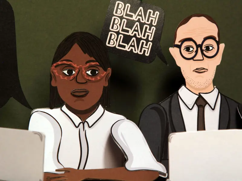 a close up of two panel member characters in a stop motion animation